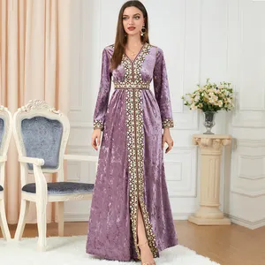 Muslim Women's Autumn Winter Dress Abaya Dubai New Modest Fashion Fitting V-neck High-end Long Sleeved Golden Velvet Dress Robe