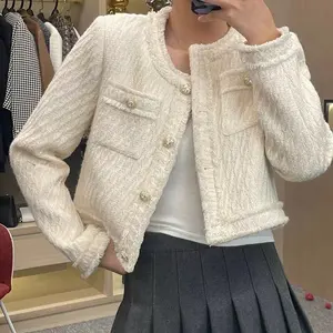 Casaco de moda feminina borla malha lã casaco curto outono grosso Tweed Suit Cardigan