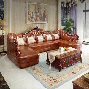 豪华欧式仿古家具沙发，带躺椅超细纤维盖实木框架u型沙发CEFS053