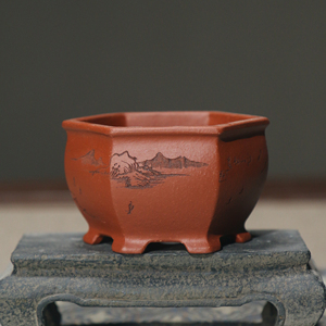 Zisha Hexagonal Bonsai <b>Pot</b> Zhuni Dahongpao <b>Small</b> With Mountain Carving For Indoor <b>Plants</b> - Product Image 2