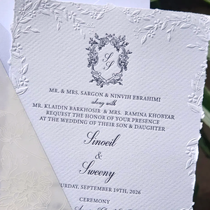 Invitación de Boda con Relieve, Papel Hecho a Mano con Borde Rústico, Bolsillo de Papel Vellum y Sobre para Celebración, Faire <span class=keywords><strong>Part</strong></span> De Mariage - Product Image 3