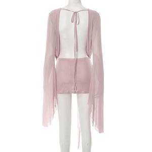 PEEQI D25DS222 Nuovo Abito <span class=keywords><strong>Mini</strong></span> da Donna alla Moda, Vestito <span class=keywords><strong>a</strong></span> <span class=keywords><strong>Rete</strong></span> Trasparente con Maniche Lunghe, Schiena Scoperta, Arricciato, Linea ad <span class=keywords><strong>A</strong></span>, <span class=keywords><strong>Abiti</strong></span> Sexy da Donna - Product Image 6