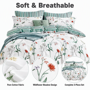 Juego de Ropa de Cama de Algodón con Diseño de Libélulas y Flores Silvestres, Funda de Edredón con Rayas Florales, para Venta al por Mayor y Dropshipping en la UE, 3 Piezas - Product Image 2