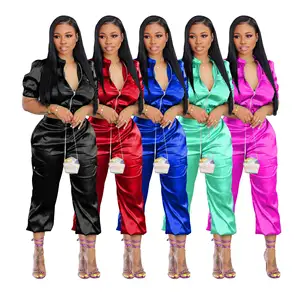 W European and American women's zipper shirt trousers elastic two-piece set female elastic color ding solid color casual set