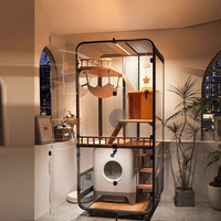Armoire pour chat de luxe en bois massif et fer, grande villa pour chat avec portes en verre, maison moderne pour animaux de compagnie d'intérieur, avec bac à litière