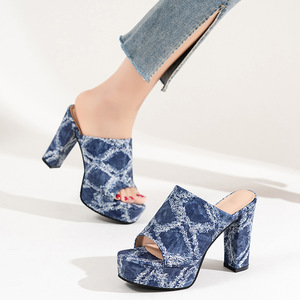 34 New High-heeled Slippers European and American Large Summer Thick Heel Denim <b>Sandals</b> for Women - Product Image 1