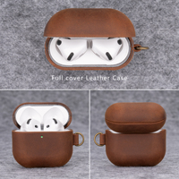 Étui de protection vintage en cuir véritable Crazy Horse pour AirPods 4 avec cordon tressé réglable