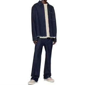 Vente en gros de vestes en jean décontractées pour hommes de haute qualité, chemise en jean bleu foncé à fermeture éclair pour hommes, veste en jean vintage à bords bruts - Product Image 4
