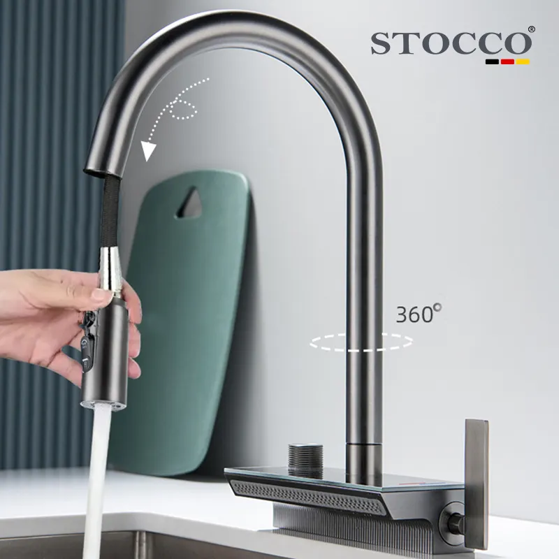 Display digitale in ottone nero rubinetto da cucina con beccuccio girevole a 360 gradi con spruzzatore a scomparsa rubinetto a cascata per lavello da cucina estraibile