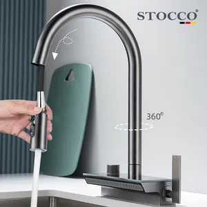 Zwart Messing Digitaal Display 360 Graden Gedraaide Tuit Keuken Kraan Met Pull-Down Sproeier Gootsteen Waterval Kraan Trekken