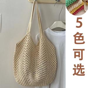 Sac fourre-tout en coton tissé décontracté de luxe, nouveau sac à main en paille creuse, grande capacité, sac à bandoulière décontracté pour les vacances à la plage, fermeture ouverte, deux - Product Image 5