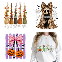 Stiker Transfer Panas DTF Motif Preppy Bow Ghost Boo Leopard Halloween Friends, Dapat Dicuci, Siap Dipres untuk Tekstil