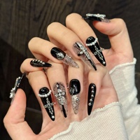 Faux ongles à presser pour femmes, noirs transparents, longs, forme stiletto, avec dentelle, perles, croix, cristaux et nœuds, pour un style sombre, luxueux et glamour
