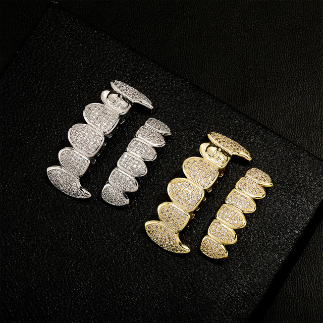 Fashion Body Jewelry 14K 18K Gold Plated Iced Out Cz Baguette Diamond Halloween Skull Teeth Grillz for Hip Hop Rapper Men Women