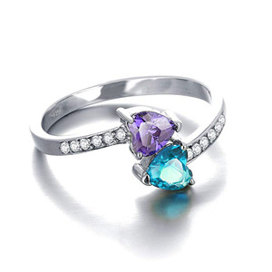 Anello da Donna a Doppio Cuore con Accenti Blu e Viola, Elegante Gioiello in Lega Regolabile, Regalo Romantico - Product Image 3