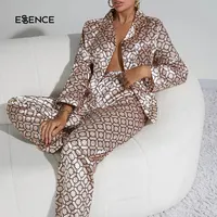 Pyjama en Satin de soie à imprimé géo pour femmes, ensemble de luxe, 2 pièces, 2022