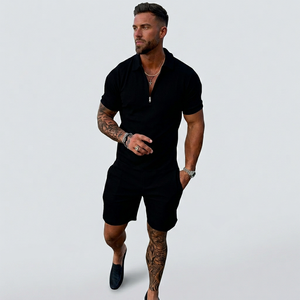 Men Summer <b>Knitted</b> Embroidered 100% Cotton Quick Dry Short Sleeve Custom Logo Joggers Suits <b>Set</b> Shirt and Short <b>Set</b> - Product Image 1