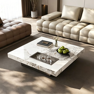 Luxury Integrated Tea Tray Square Coffee <b>Table</b>, Pandora White Sintered Stone Low Profile Side <b>Table</b> for Modern Villa Living Room - Product Image 6