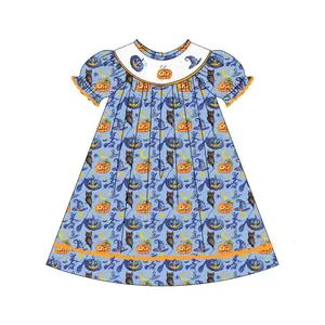 Moda bebê roupas 2023 sopro mangas bebê menina vestido abóbora bordado meninas blusa vestido para o Halloween