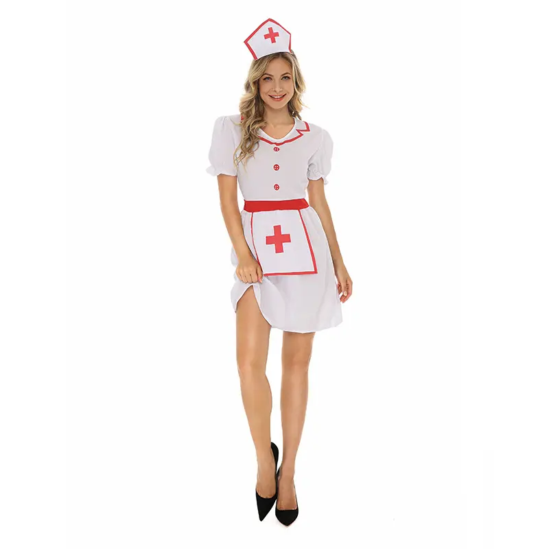 Women lingerie Nurse Costume Fancy Dress up Sexy Costume Lapel Collar Short Sleeve Button Down Uniform Dress with Hat