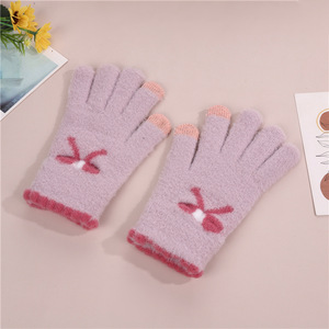 Gants d'hiver pour femmes, doublés polaire, coupe-vent, compatibles écran tactile, chauds, mignons, en peluche tricotée, à doigts entiers, avec nœud papillon, en acrylique/coton - Product Image 2