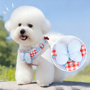Guinzaglio per cani con fiocco e motivo a quadri, pettorina per cani in stile coreano, guinzaglio da passeggio per esterni per Bichon Frise e Cani Poodle. - Product Image 1
