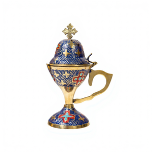 Brûleur d'encens Bukhoor de qualité supérieure, en laiton indien orthodoxe, nickelé, avec revêtement émaillé rouge violet, écologique, durable, organique et naturel - Product Image 1