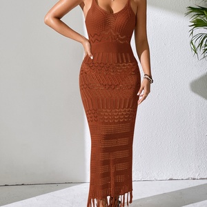 Nouvelle <span class=keywords><strong>robe</strong></span> d'été sexy à découpes, longue, ajustée, à franges, sans manches, en tricot, à col en V, à bretelles - Product Image 5