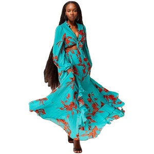 Hot Sale <b>Sexy</b> Deep V Floral Print Ruffled Slit Skirt 2-piece <b>Set</b> Women Fashion - Product Image 1