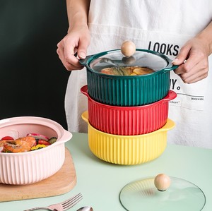 Vaisselle mate Bol à soupe aux nouilles Ramen en céramique avec couvercles de couverture Couleur Glaçure Deux oreilles Bols à bulles - Product Image 3