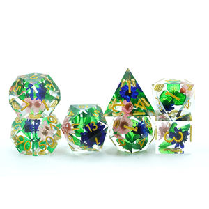 Set di dadi in resina Dnd poliedrica a 7 pezzi con bordo affilato 16mm fiori blu foglie verdi dungeon draghi per D & d - Product Image 1