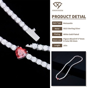 Collier tennis avec pendentif en forme de cœur, moissanite rouge et DEF rare, la longueur peut être ajustée, tendance polyvalente - Product Image 3