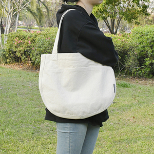 Personalized Logo Oval Shape <b>Large</b> Capacity Canvas Cotton Tote <b>Bag</b> Blank Printed <b>Bag</b> with Zipper and Pocket - Product Image 2
