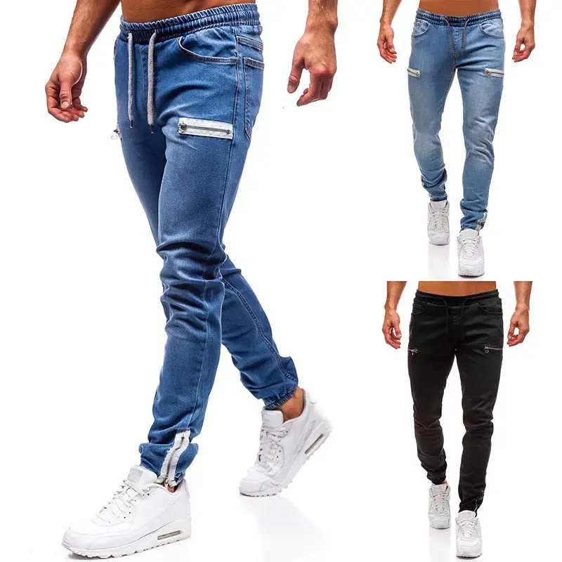 RNSHANGER Fashion Blue Jean Pants Casual Men's Skinny Ripped Jeans Male Drawstring Jogging Trousers Slim Fit Denim Pencil Pants
