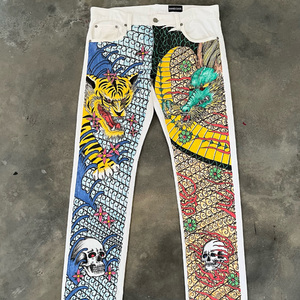 Пользовательские солнце выцветшие мешковатые с высокой талией графические Dtg граффити краски джинсовые Стразы сложенные грузовые синие винтажные негабаритные джинсы Y2k брюки - Product Image 5