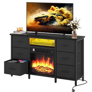Meuble TV moderne SENYU avec cheminée, tiroirs de rangement et éclairage LED pour salon, compatible téléviseurs de 65 pouces et plus, à poser au sol - Product Image 2