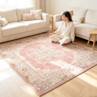 Tapis de sol vintage en polyester lavable, motif médaillon persan rose poudré, effet vieilli, pour la décoration intérieure