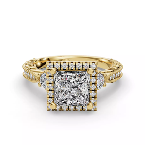 Bague de fiançailles en or rose 14 carats avec diamant de laboratoire taille princesse, détails en filigrane complexe, pierres latérales, halo élégant, bijoux IGI - Product Image 1