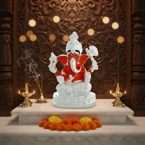 Murti del Dios Ganesh Chapado en Plata de Primera Calidad con Detalles en Naranja |   Ídolo hindú sagrado para el templo del hogar, bodas, regalos corporativos - Product Image 5