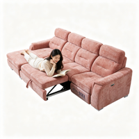 Canapé-lit sectionnel de luxe gain de place en tissu chenille rose avec fauteuil inclinable électrique, porte-gobelet et rangement pour salon