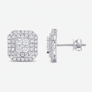 Beautiful High Quality 10K White Gold Real Round Diamond Cluster Stud <b>Earrings</b> - Product Image 2
