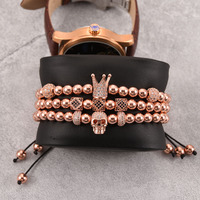 Bracelet Hip Hop 3 pièces/ensemble en or avec crâne, couronne et dés, pour homme, ensemble de bijoux tressés réglables de luxe sertis de CZ pour lui