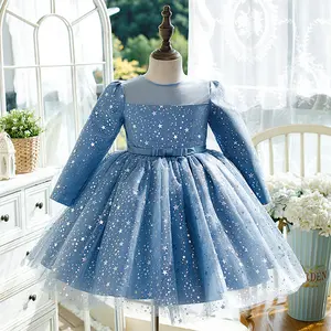 Vestidos de novia de tul de manga larga con estampado de papel de aluminio de alta calidad para niñas, ropa de princesa para niños pequeños, vestido de baile de desfile para bebés