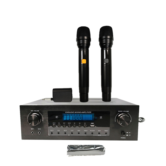 Home Karaoke Sound Player System 2x MIC Class for 2-Channel 200W RMS HiFi Sound Metal Amplifier Featuring USB/AUX Inputs