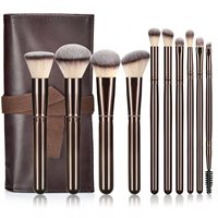 Lot de 10 pinceaux de maquillage couleur café, manche en bois, ultra doux, outils de beauté, vente chaude en gros
