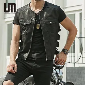 Liu Ming Vintage Fashion 2024 Trending Men Sleeveless Motorcycle Zipper Pockets Leather Biker Waistcoat Vests Jackets