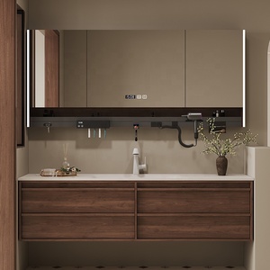 Tocador de baño de madera maciza con placa de <span class=keywords><strong>roca</strong></span> de color café <span class=keywords><strong>retro</strong></span> personalizado moderno con <span class=keywords><strong>lavabo</strong></span> y espejo de una pieza doblado en caliente - Product Image 1