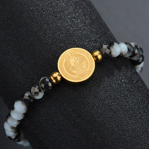 2023 nouveaux Bracelets élastiques perlés colorés faits à la main, Bracelets à breloques ronds en acier inoxydable gravés Double face pour femmes - Product Image 5
