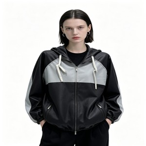 Veste en cuir ultra-fine pour <span class=keywords><strong>femme</strong></span>, style sport outdoor, color block, à capuche zippée, en peau de mouton, cintrée à la taille, pour le basketball - Product Image 1