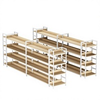 Étagères de supermarché, présentoirs multi-niveaux en acier et bois, tables îlots, comptoirs de snacks pour magasins de proximité